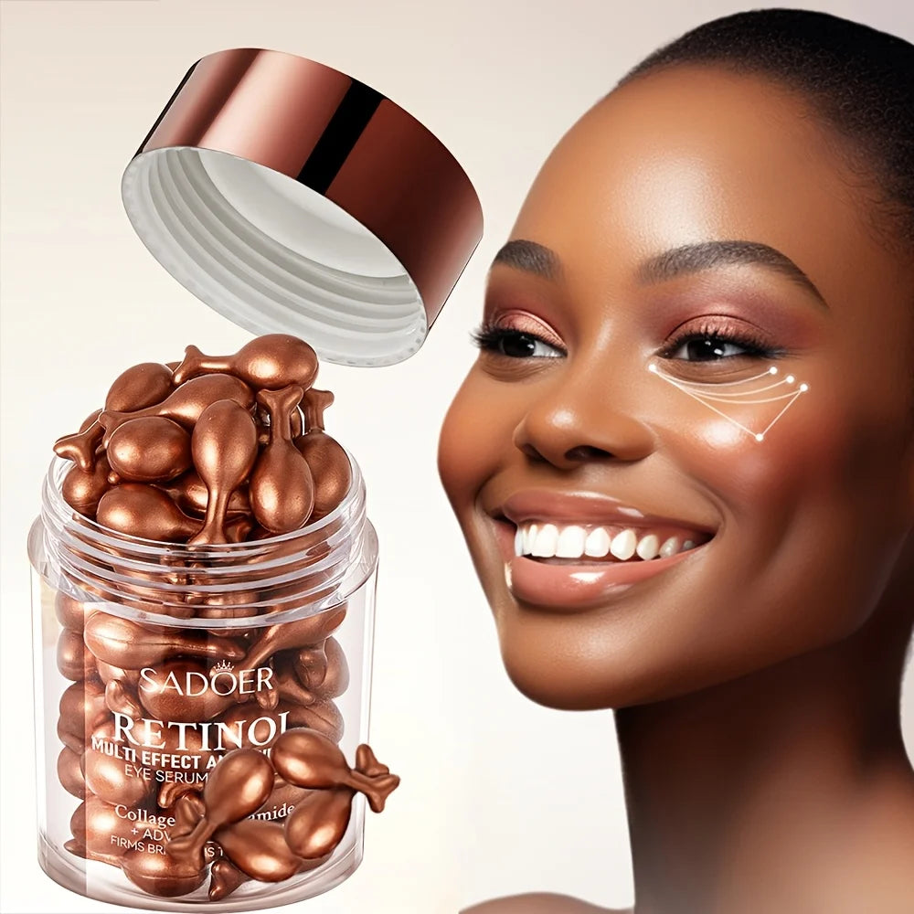 Zora Retinol Eye Serum Capsules for eye care, showing a close-up of the sleek, clear capsules with retinol formula inside.