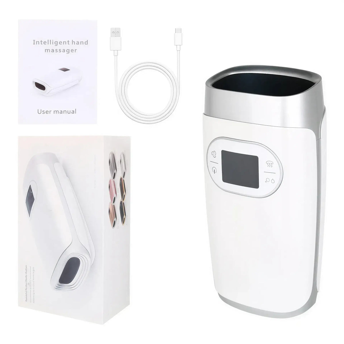 Zora hand massager with heat and air compression, showing the device wrapped around a person's hand for soothing relief.