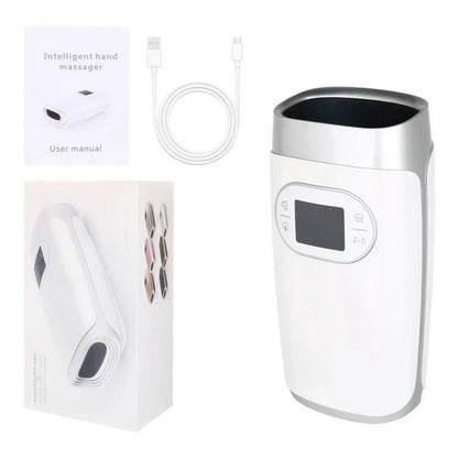 Zora hand massager with heat and air compression, showing the device wrapped around a person's hand for soothing relief.