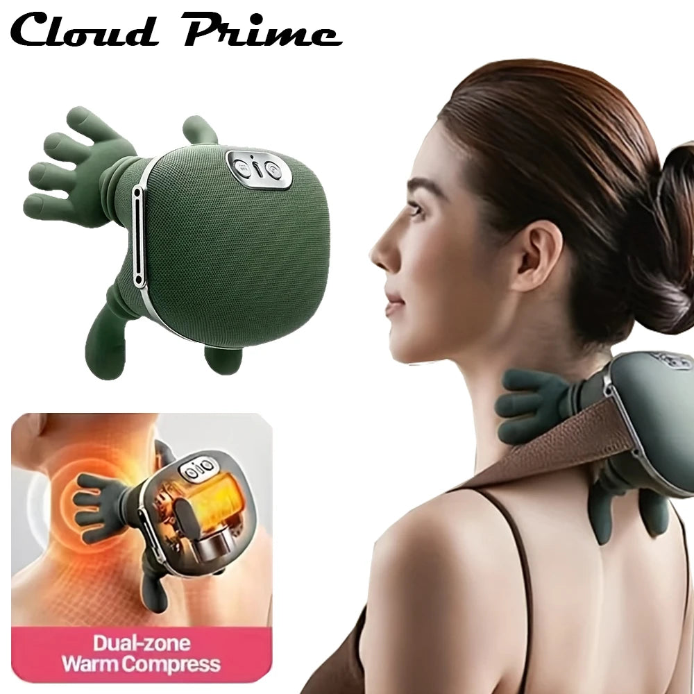Zora 4D Neck and Shoulder Massager with Heat, showing the device wrapped around a person's neck and shoulders for relaxation.