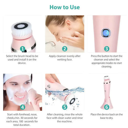 Zora 4-in-1 waterproof electric facial cleansing brush with multiple attachments for deep skin cleansing and gentle exfoliation.