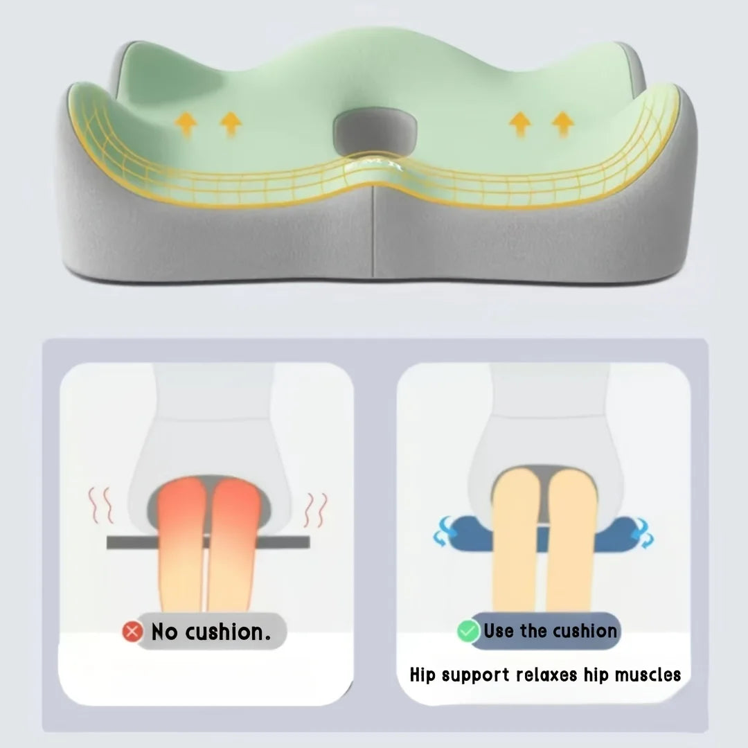 Zora 3D ergonomic memory foam seat cushion with contoured design for comfort and support, suitable for office or chair use.