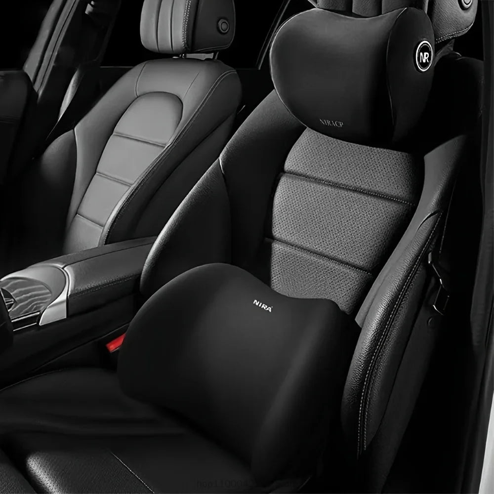 Zora Memory Foam Car Headrest and Lumbar Cushion set with adjustable straps for enhanced comfort and support during drives