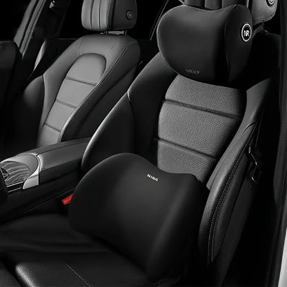 Zora Memory Foam Car Headrest and Lumbar Cushion set with adjustable straps for enhanced comfort and support during drives