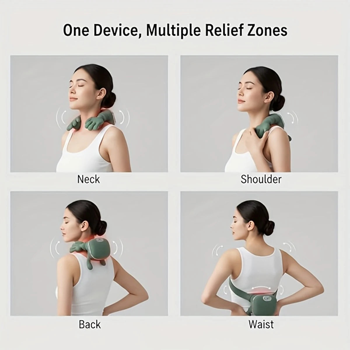 Zora 4D neck and shoulder massager with heat function, showing the device wrapped around a person's neck and shoulders for relaxation.