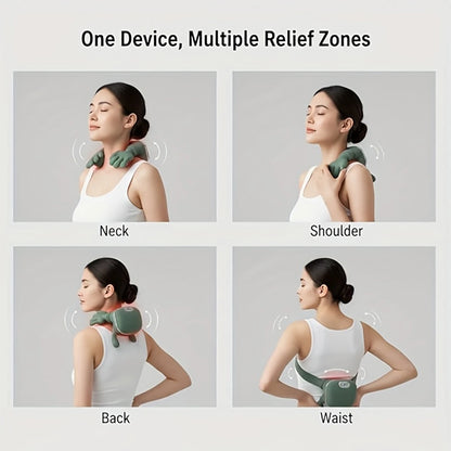 Zora 4D neck and shoulder massager with heat function, showing the device wrapped around a person's neck and shoulders for relaxation.