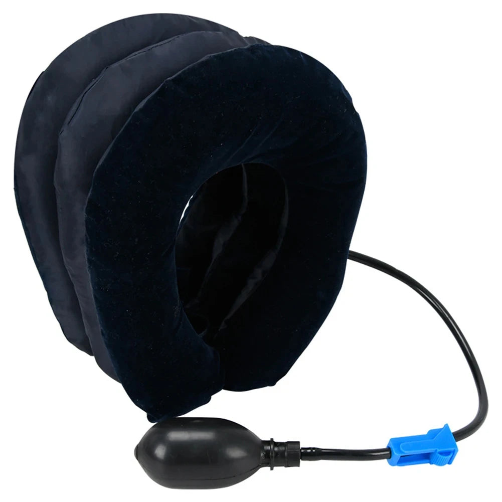 Zora inflatable neck support pillow in light blue, designed for adjustable travel comfort, shown partially inflated for travel ease.