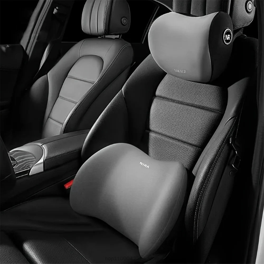 Zora memory foam car headrest and lumbar cushion set with adjustable straps for added comfort during driving.
