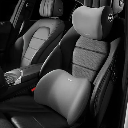 Zora memory foam car headrest and lumbar cushion set with adjustable straps for added comfort during driving.