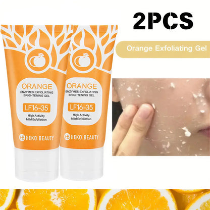 Zora Orange Exfoliating Gel in a transparent tube with orange accents, featuring a textured exfoliating surface for skin renewal.