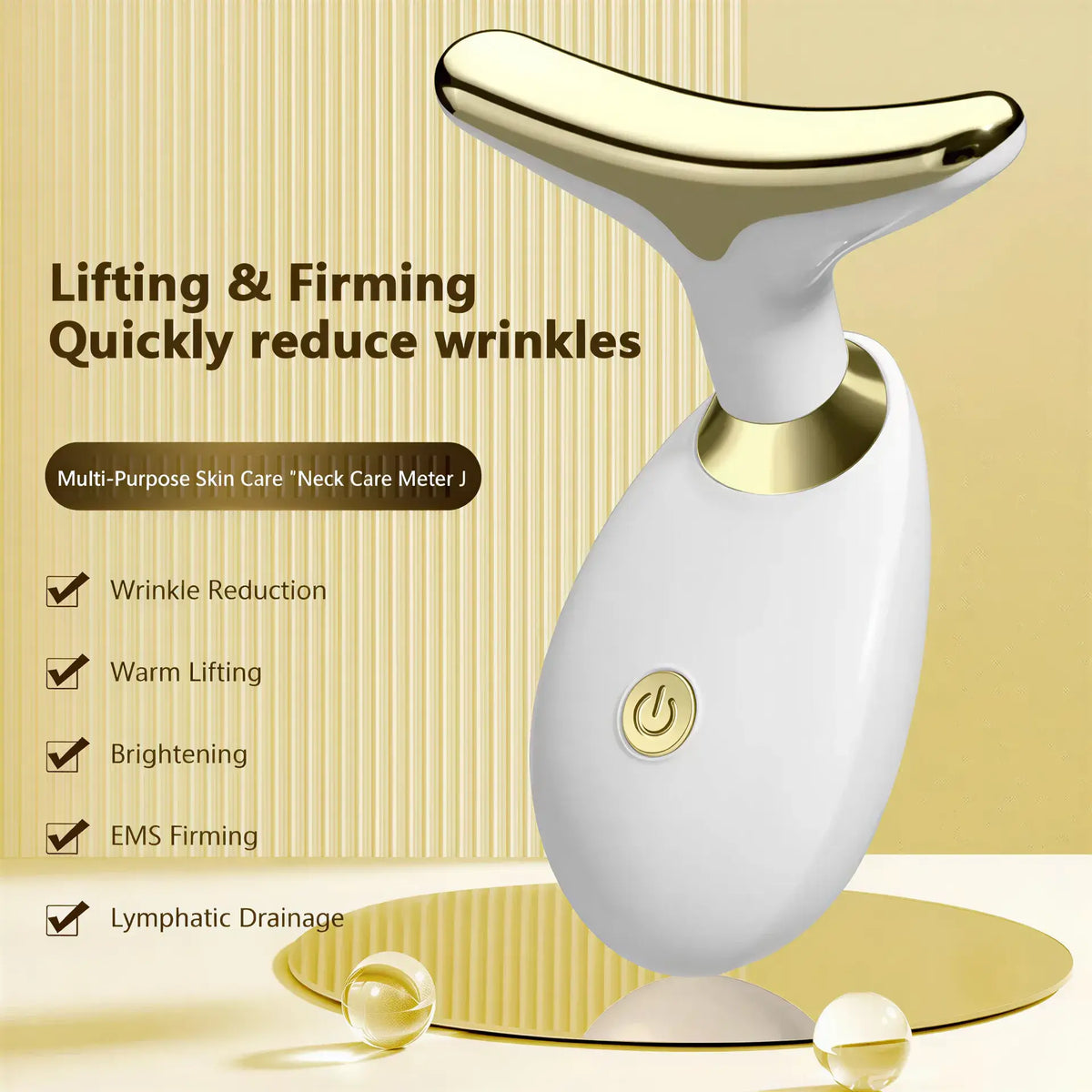 Zora Electric Face and Neck Massager with ergonomic design, showcasing its handheld device with multiple massage heads for facial relaxation.