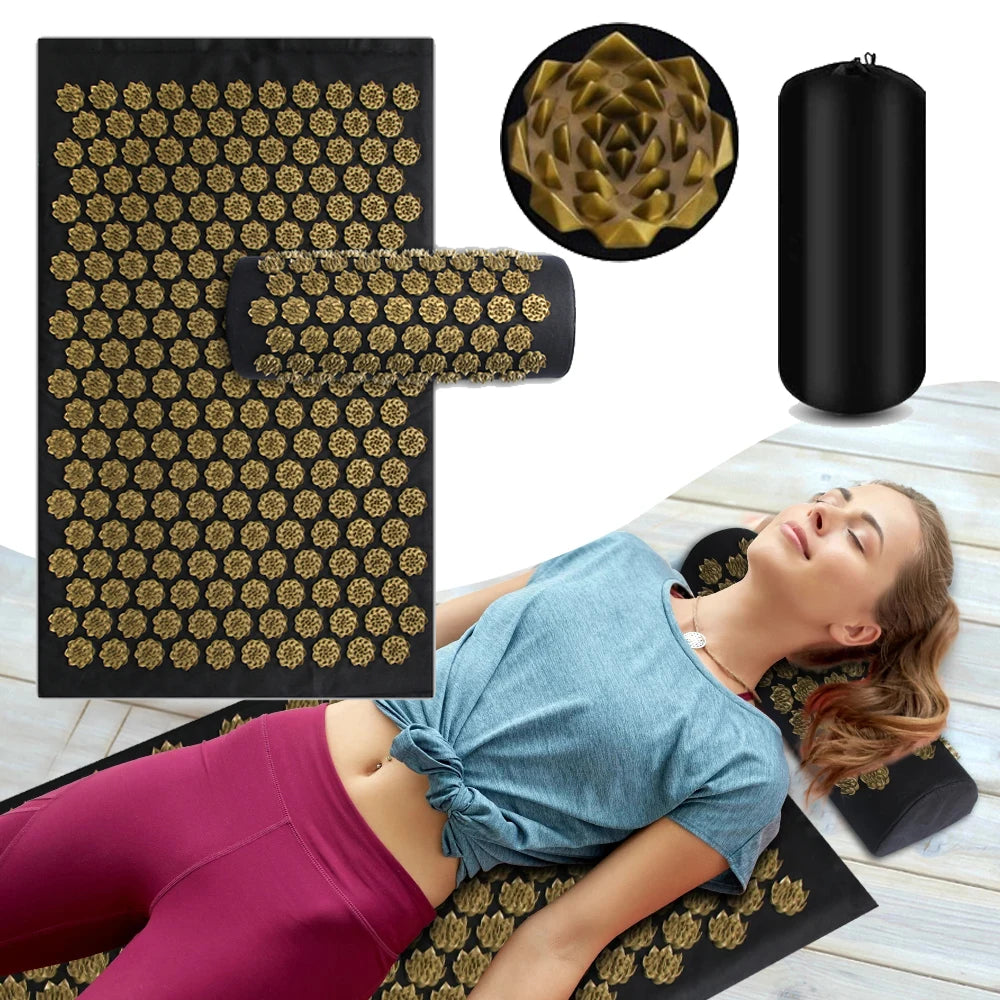 Zora Acupressure massage mat and pillow set with textured surface for relaxing pressure point therapy and muscle relief.