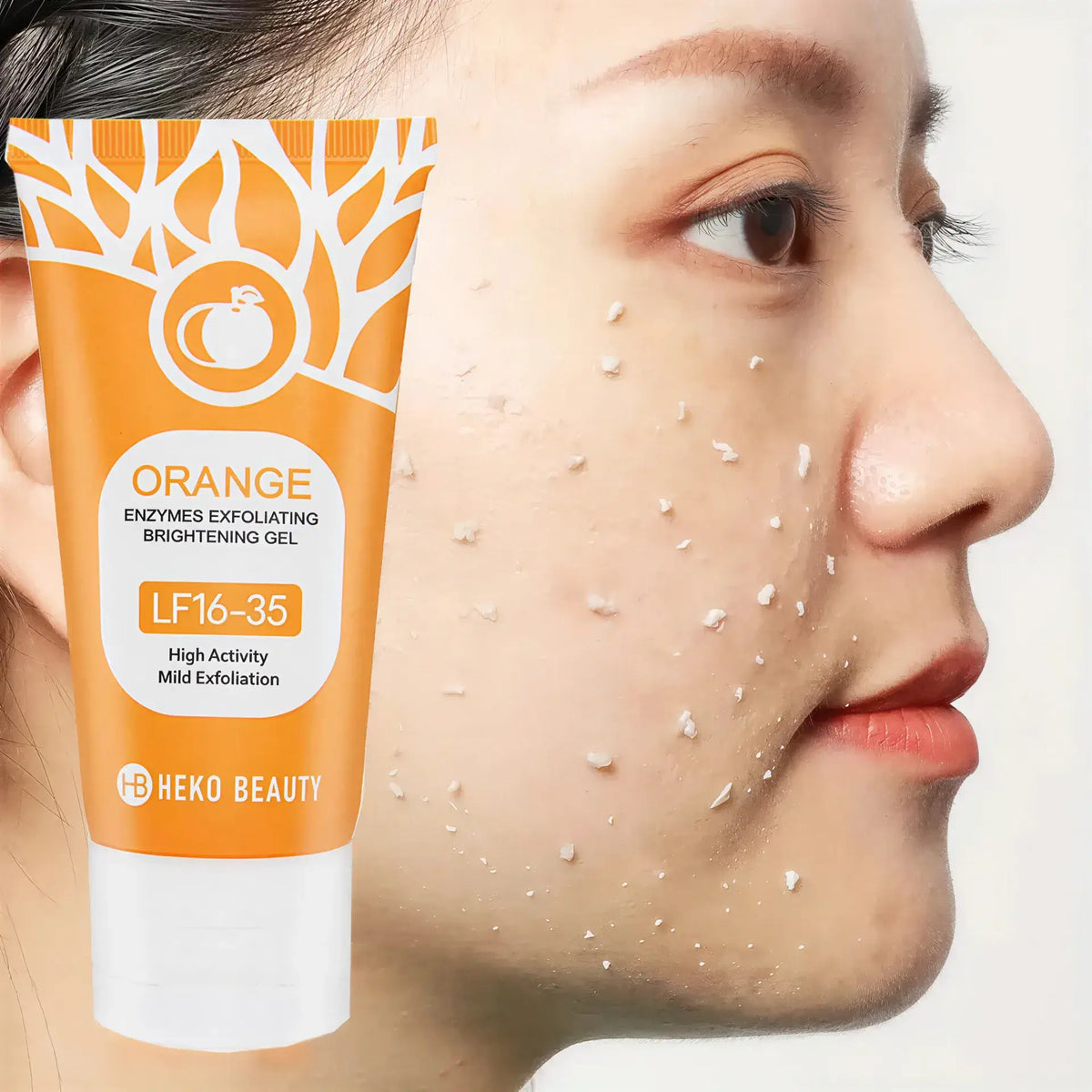 Zora Orange Exfoliating Gel in a clear tube with orange accents, showing the gel texture and fresh citrus scent.