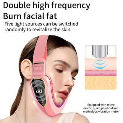 Zora LED facial massage belt with light therapy, showing the flexible device wrapped around a person's face for skincare benefits.