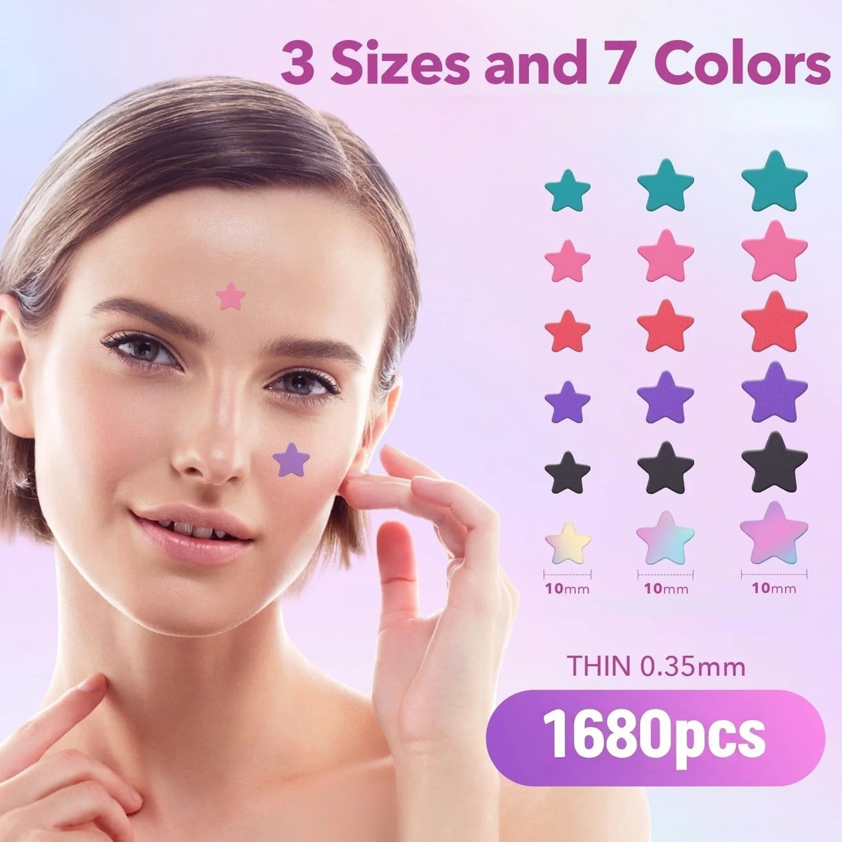 Zora star-shaped blemish cover patches on skin, designed for spot care and acne treatment, with a clear background.