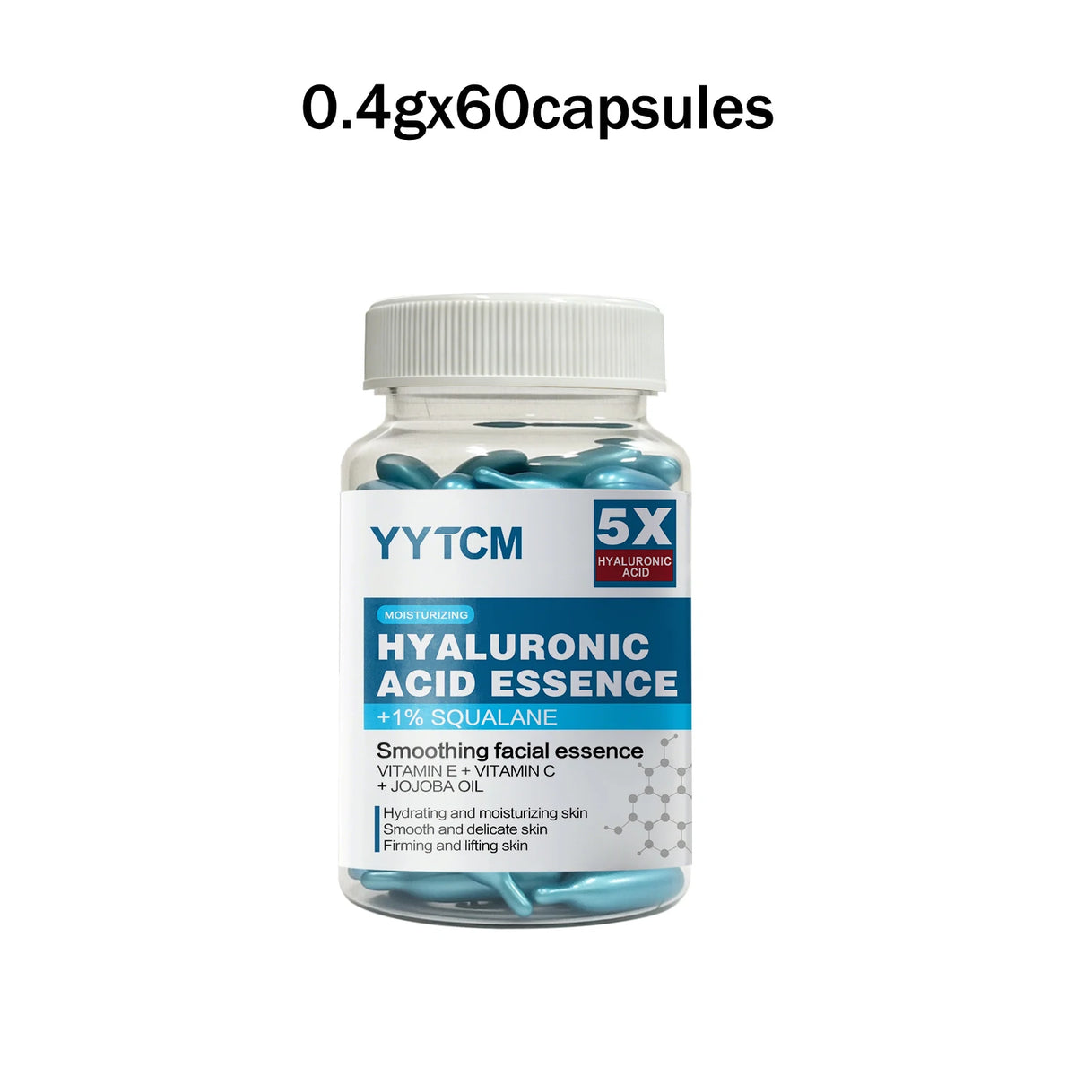 Zora Hyaluronic Acid Essence Capsules for skincare, close-up of clear capsules containing hydrating serum in a sleek container