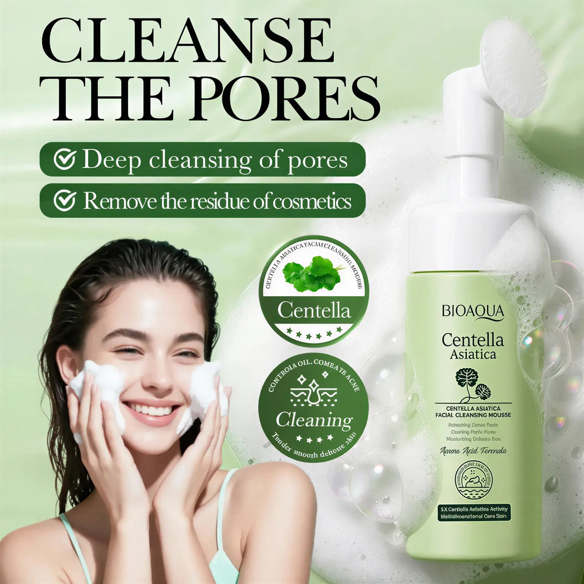 BIOAQUA Zora Centella Facial Cleansing Mousse with Brush, gentle daily skincare cleanser for clean, refreshed skin.