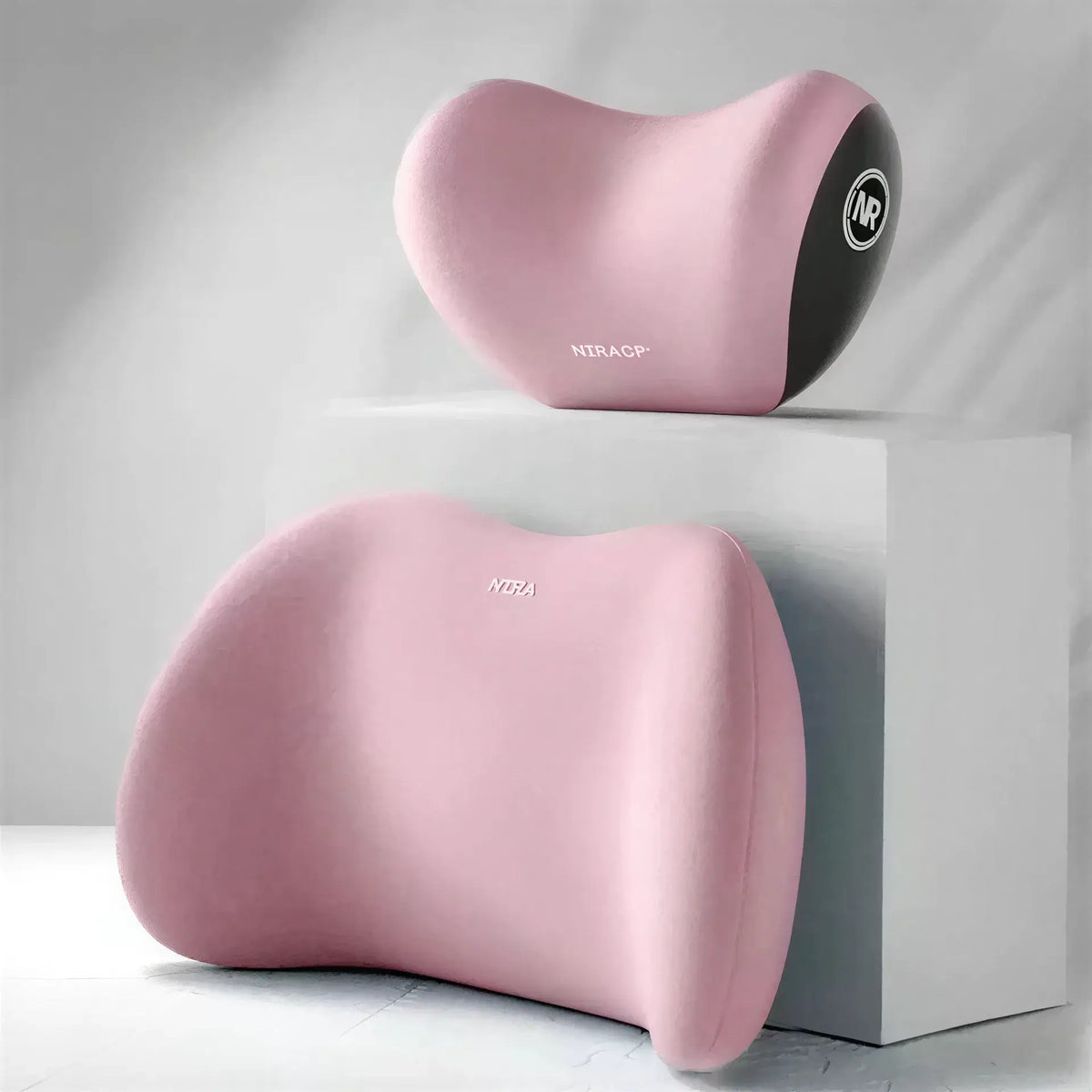 Zora memory foam car headrest and lumbar cushion set with adjustable straps for added comfort during driving.