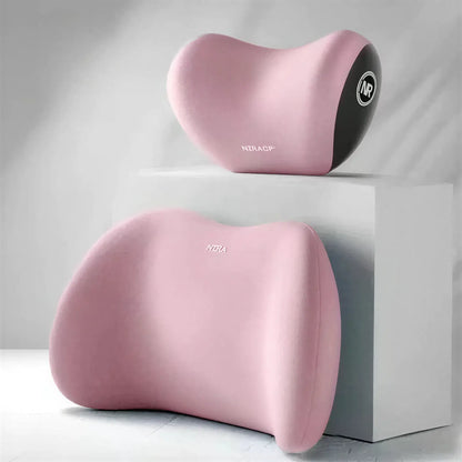 Zora memory foam car headrest and lumbar cushion set with adjustable straps for added comfort during driving.
