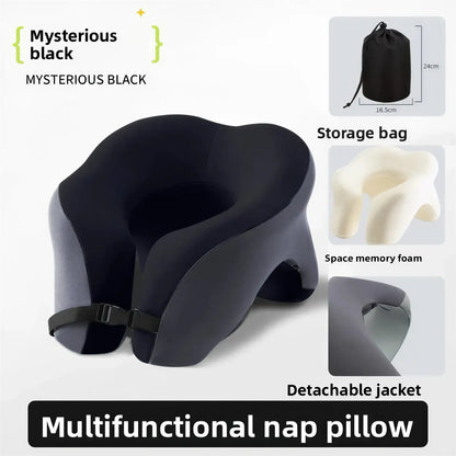 Zora U-shaped memory foam travel pillow with soft cover, ideal for neck support during travel, in a neutral color.