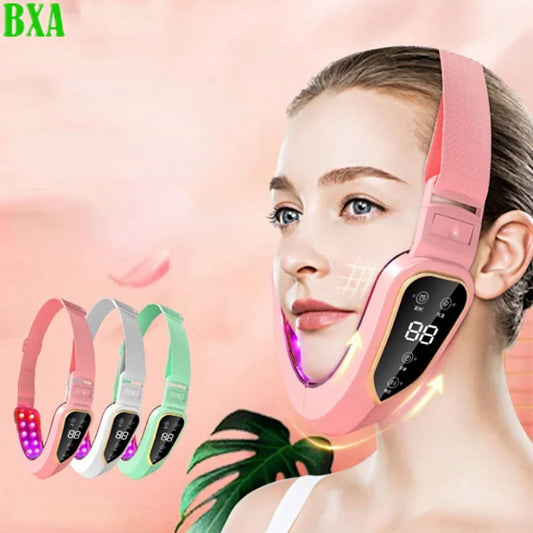 Zora LED facial massage and light therapy belt showing a black belt with LED light panels for skin rejuvenation and relaxing facial massage.