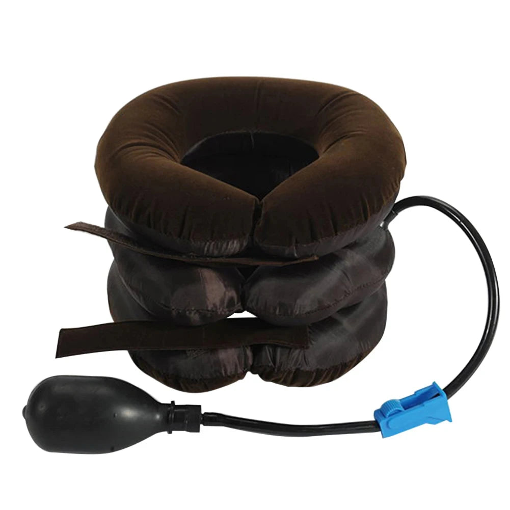 Zora inflatable neck support pillow with adjustable straps for travel comfort, shown deflated and ready to inflate.