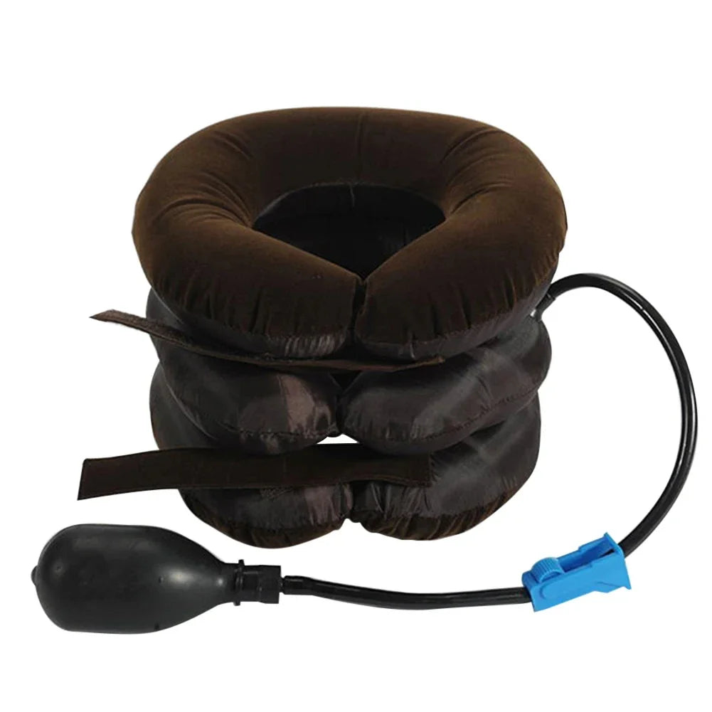 Zora inflatable neck support pillow for travel, adjustable for comfort, shown inflated with soft fabric cover and ergonomic design