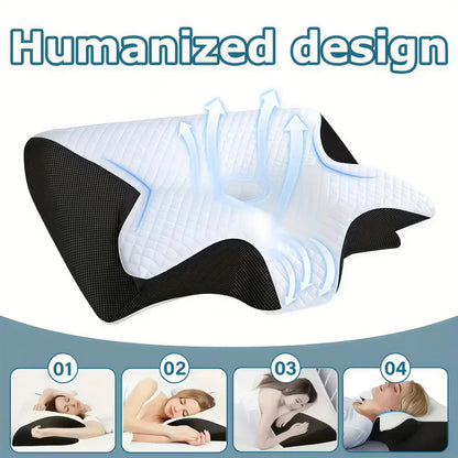 Zora cervical support memory foam pillow for sleeping, designed to provide neck relief and comfort during rest.