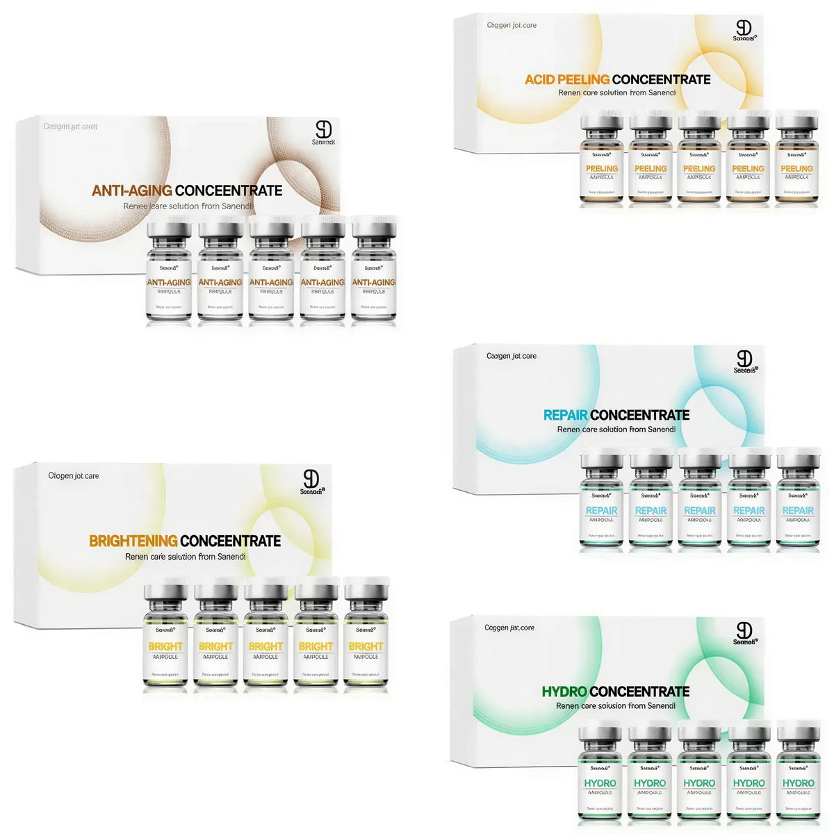 Zora Jet Peel Facial Ampoule Serum Set with five skincare serums arranged in a sleek box for rejuvenating skincare routine.