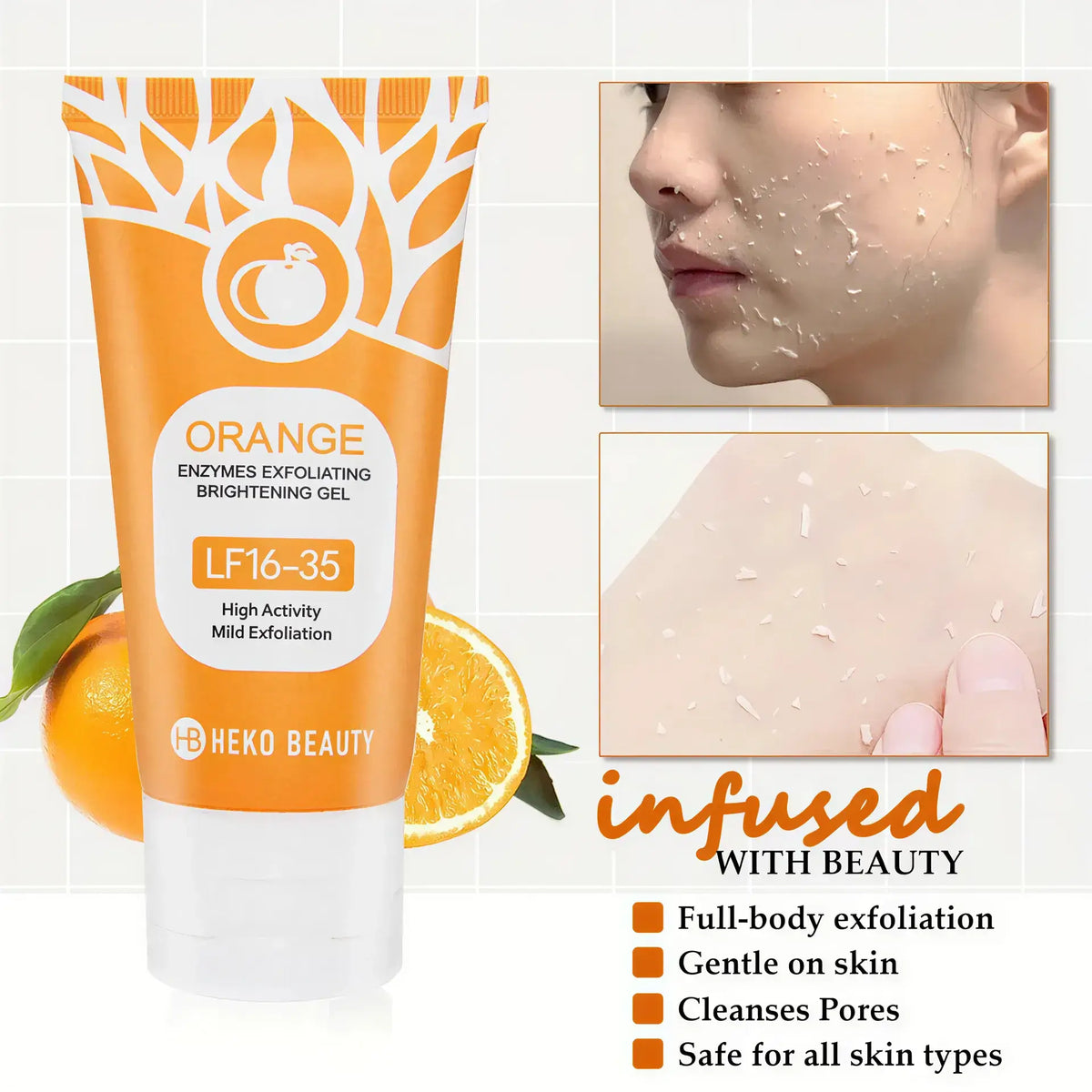 Zora Orange Exfoliating Gel in a transparent tube with bright orange accents, showcasing the exfoliator for smooth skin.