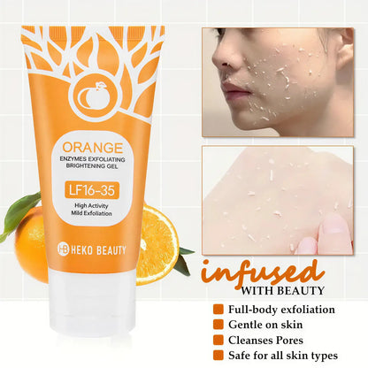 Zora Orange Exfoliating Gel in a transparent tube with bright orange accents, showcasing the exfoliator for smooth skin.