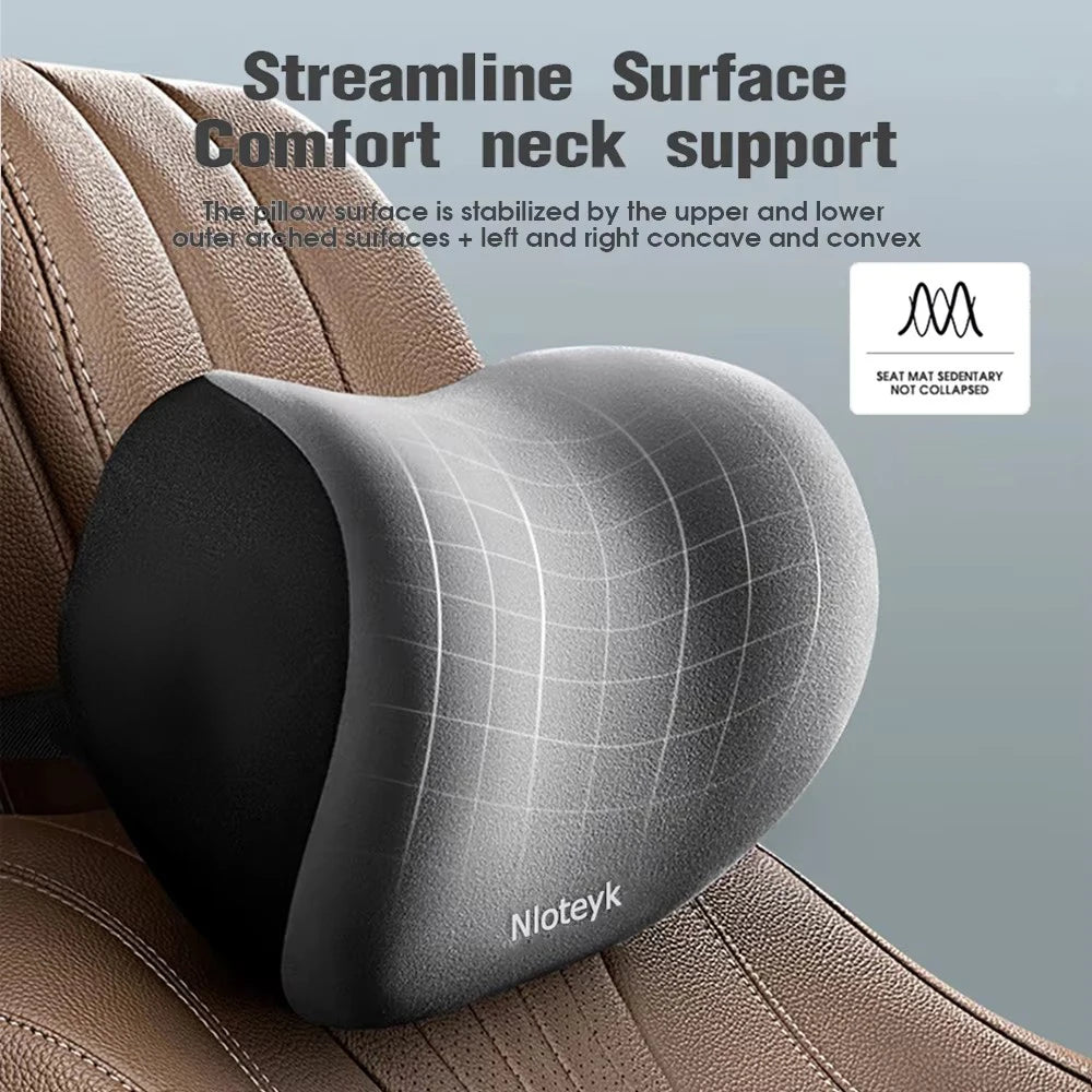 Zora Memory Foam Car Headrest Pillow attached to car seat for added comfort and neck support during driving.