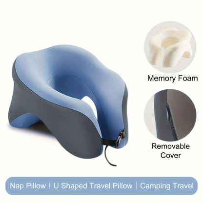 Zora U-shaped memory foam travel pillow in soft fabric, designed for neck support during travel.