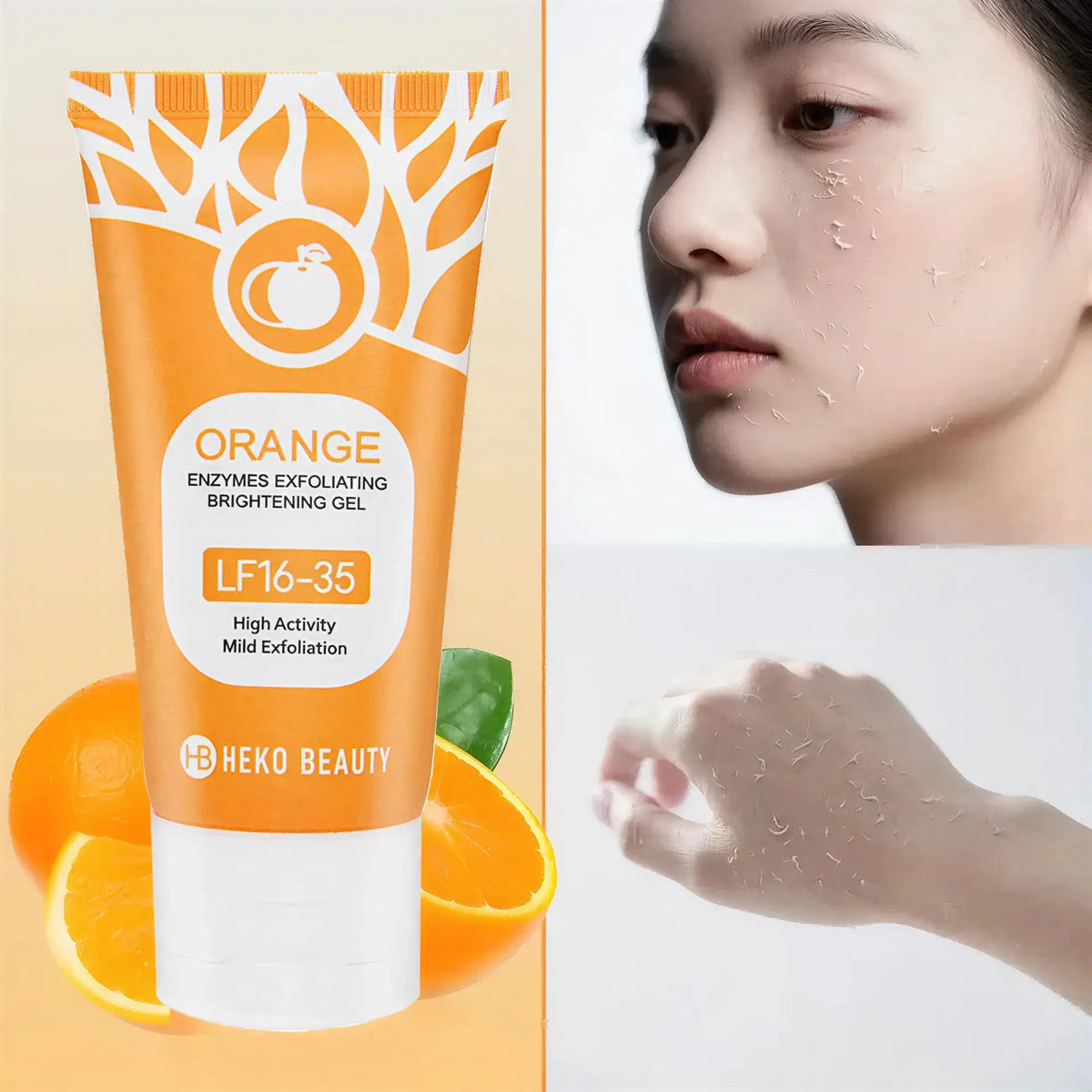 Zora Orange Exfoliating Gel in a clear tube with orange accents, showcasing its fresh, citrus-inspired exfoliator formula.