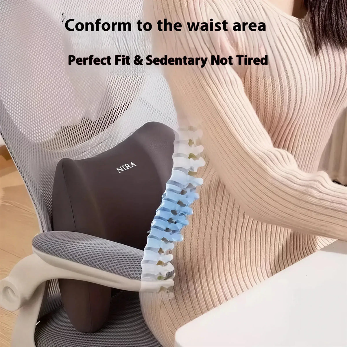 Zora ergonomic memory foam lumbar support cushion on a chair, designed for ergonomic seat comfort and back support.