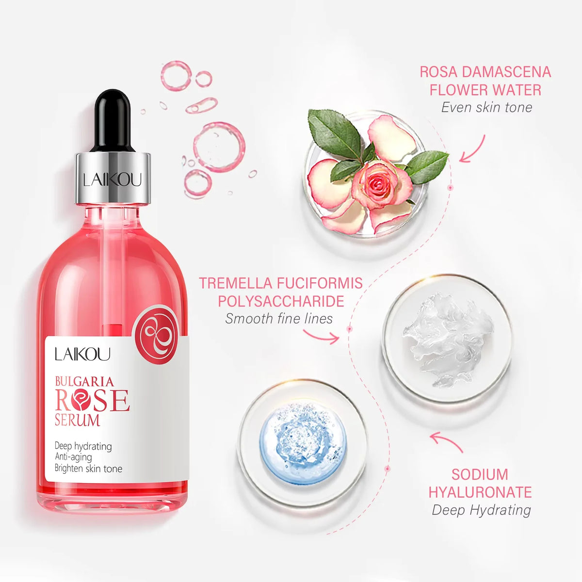 Zora Rose & Sakura Essence Serum in a glass bottle with a dropper, highlighting hydrating face serum for glowing skin.