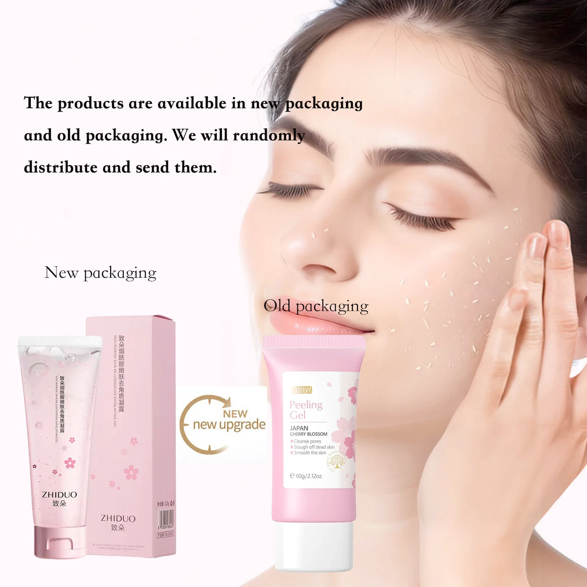 Zora Cherry Blossom Exfoliating Gel in a clear tube with pink and white cherry blossom design, showing the gel inside.