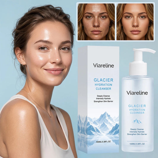 Zora Glacier Hydration Facial Cleanser for deep pore cleansing, featuring a gentle skincare formula in a clear bottle.