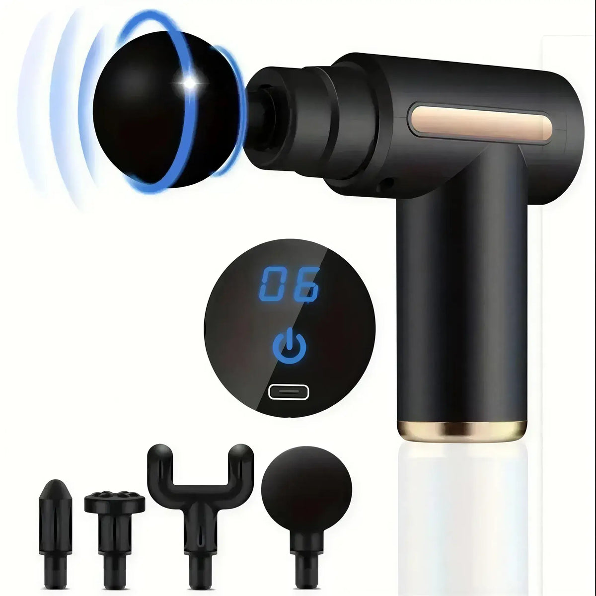 Zora Booster M2 percussion massage gun with ergonomic handle and multiple attachment heads for muscle relief.
