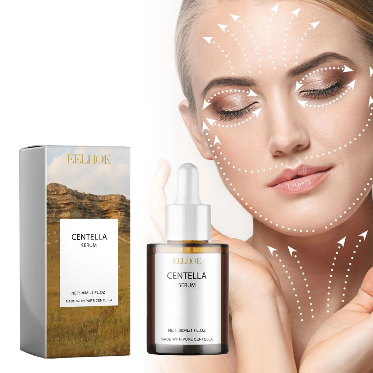 Zora Centella Asiatica Gotu Kola Serum for soothing skin, displayed in a clear glass ampoule bottle with a white dropper cap.