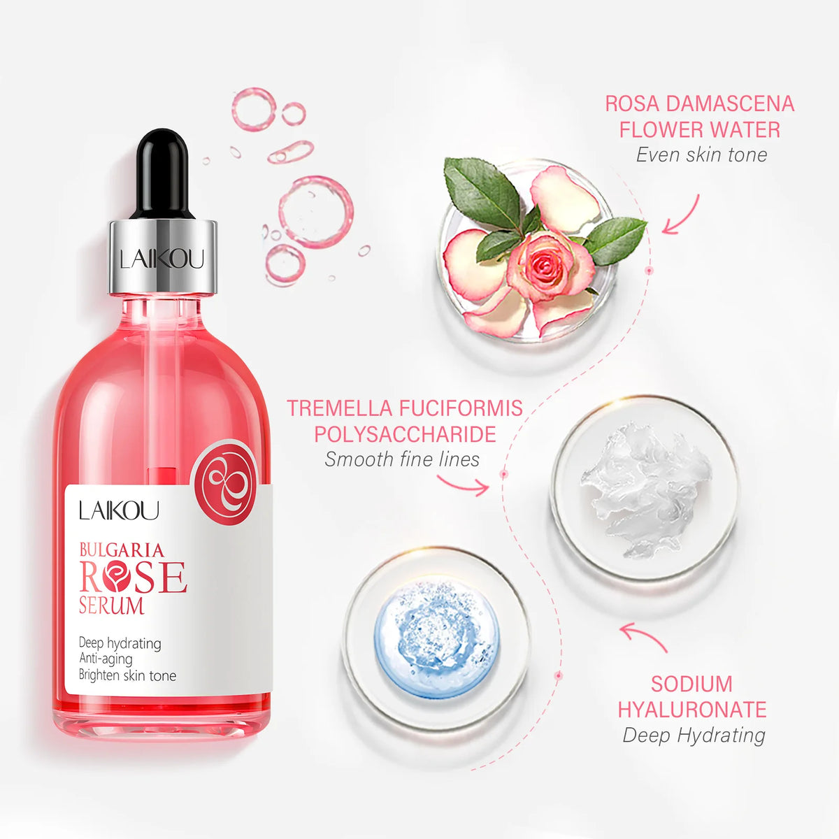 Zora Rose & Sakura Essence Serum bottle with dropper, hydrating face serum for glowing skin, in a sleek glass container.