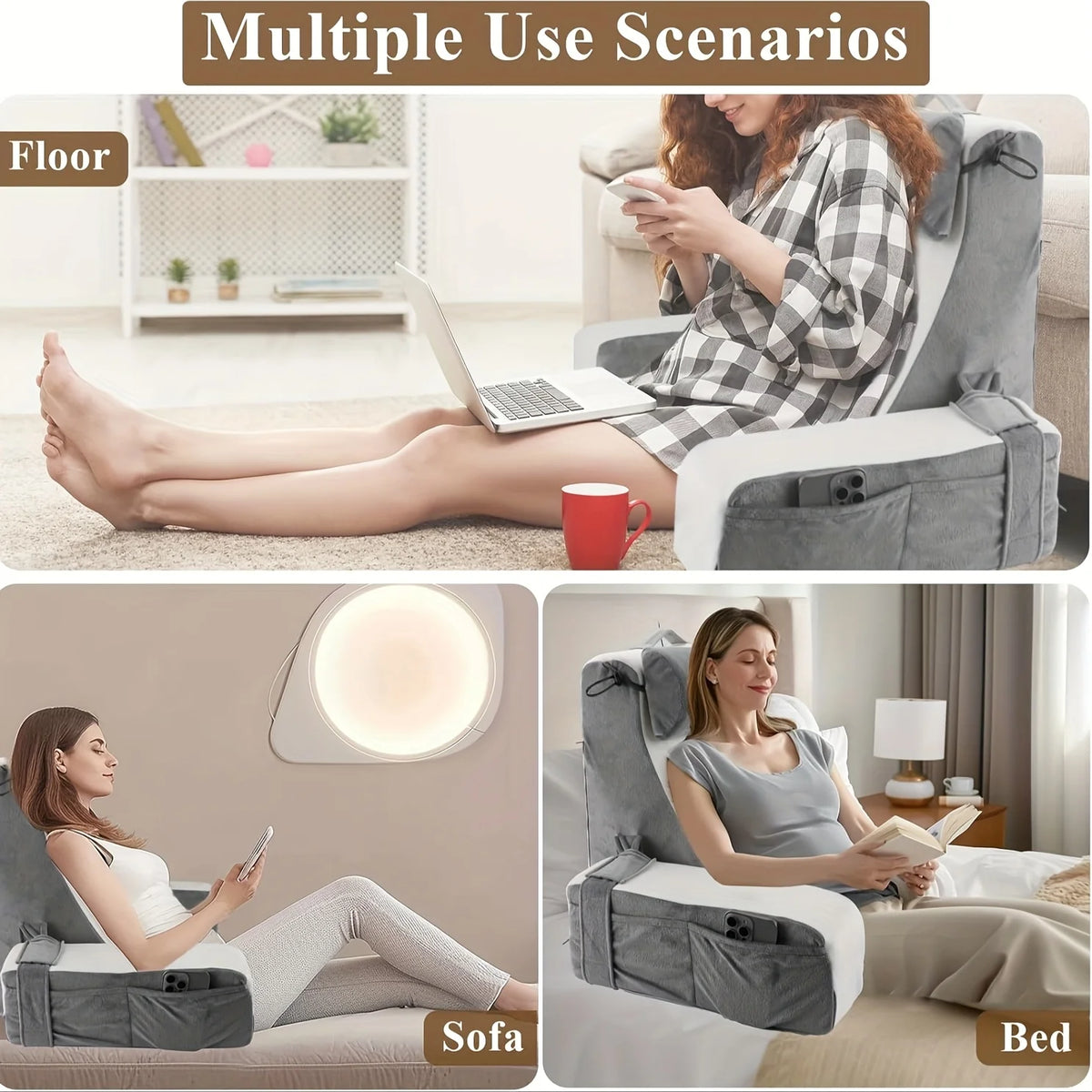 Zora Memory Foam Reading and TV Backrest Pillow showing a plush, ergonomic cushion with a supportive backrest for comfortable seating