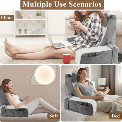 Zora Memory Foam Reading and TV Backrest Pillow showing a plush, ergonomic cushion with a supportive backrest for comfortable seating