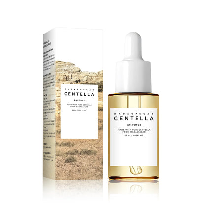 Zora Madagascar Centella Comfort Serum in a glass bottle with dropper, designed for soothing and hydrating facial skin care.