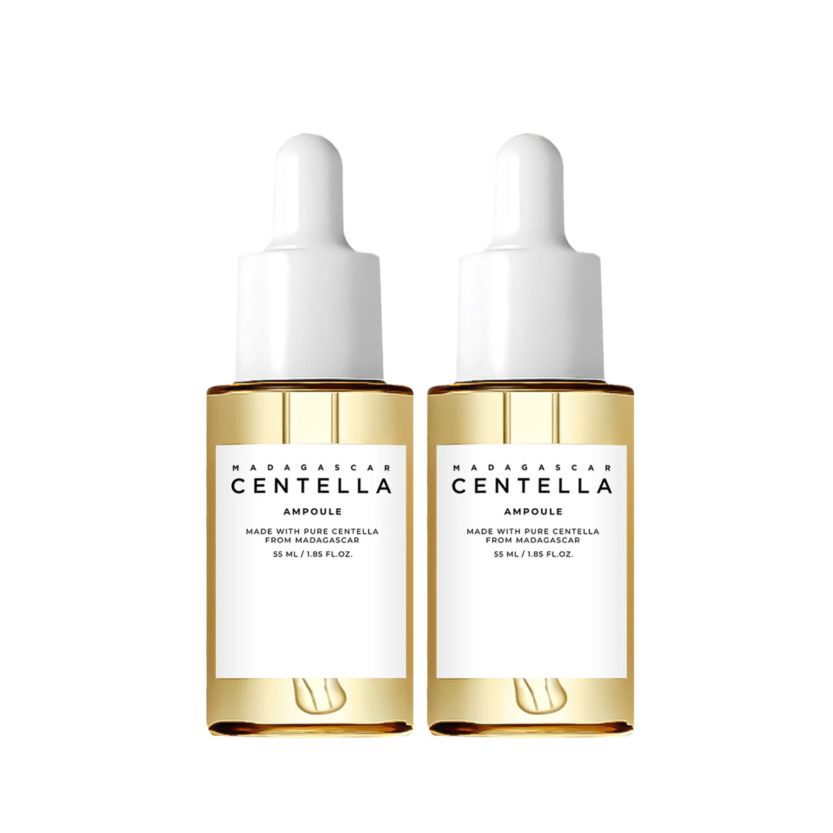 Zora Madagascar Centella Comfort Serum for face, featuring a clear glass bottle with dropper cap and green labels, on a white background.