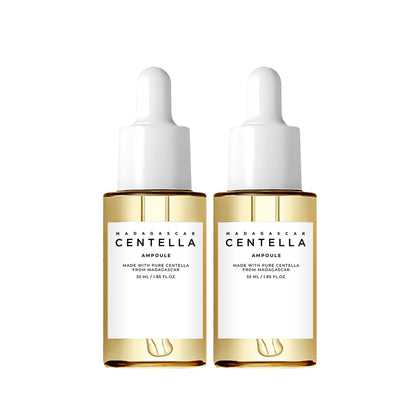 Zora Madagascar Centella Comfort Serum for face, featuring a clear glass bottle with dropper cap and green labels, on a white background.