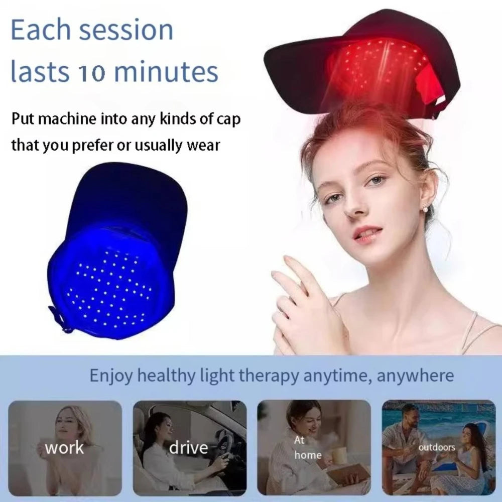 Zora Red Light Hair and Scalp Care Cap for light therapy, showing a black cap with red lights on a white background.