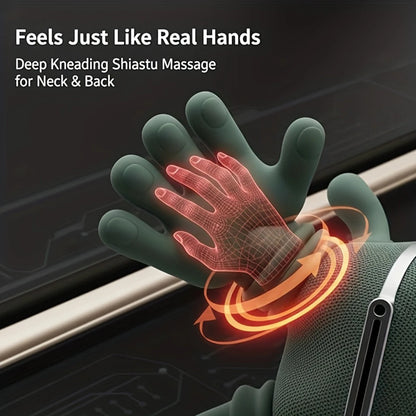 Zora 4D neck and shoulder massager with heat function, showing the device wrapped around a person's neck for soothing relief.