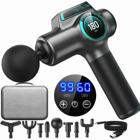 Zora Booster M2 percussion massage gun with ergonomic handle and multiple attachment heads for muscle relief and recovery.