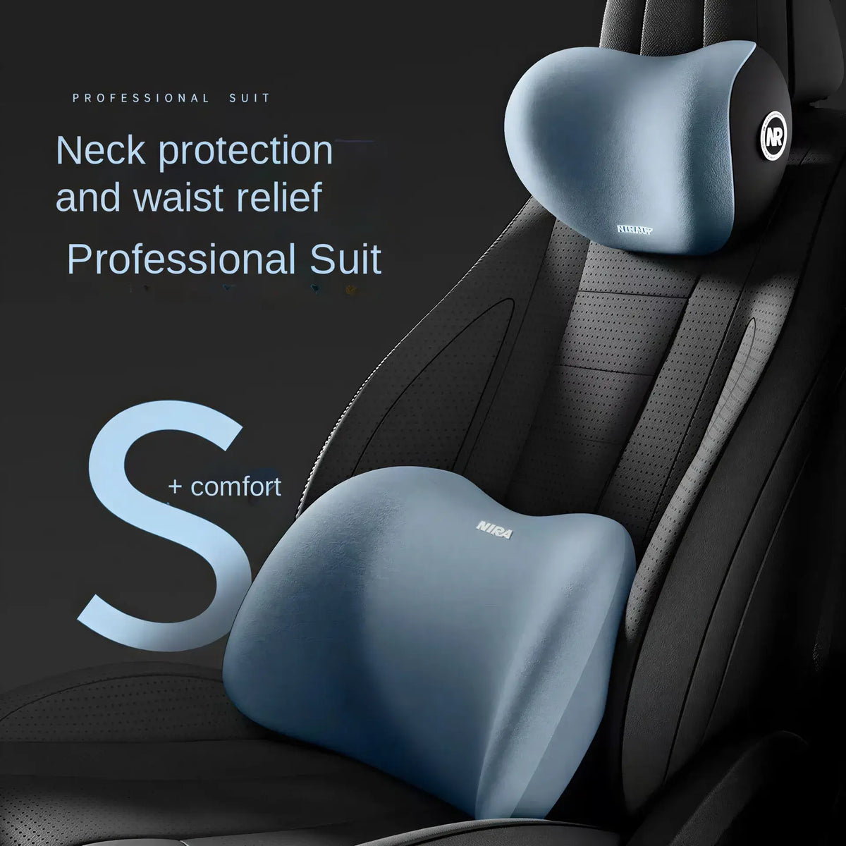 Zora memory foam car headrest and lumbar cushion set with ergonomic support, designed for comfort during drives.